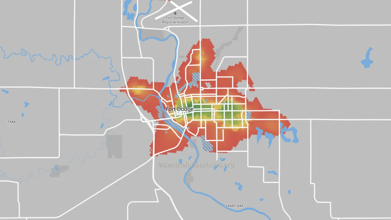 Walk Grade map of 50501, IA, walkable areas in green and car-dependent areas in red