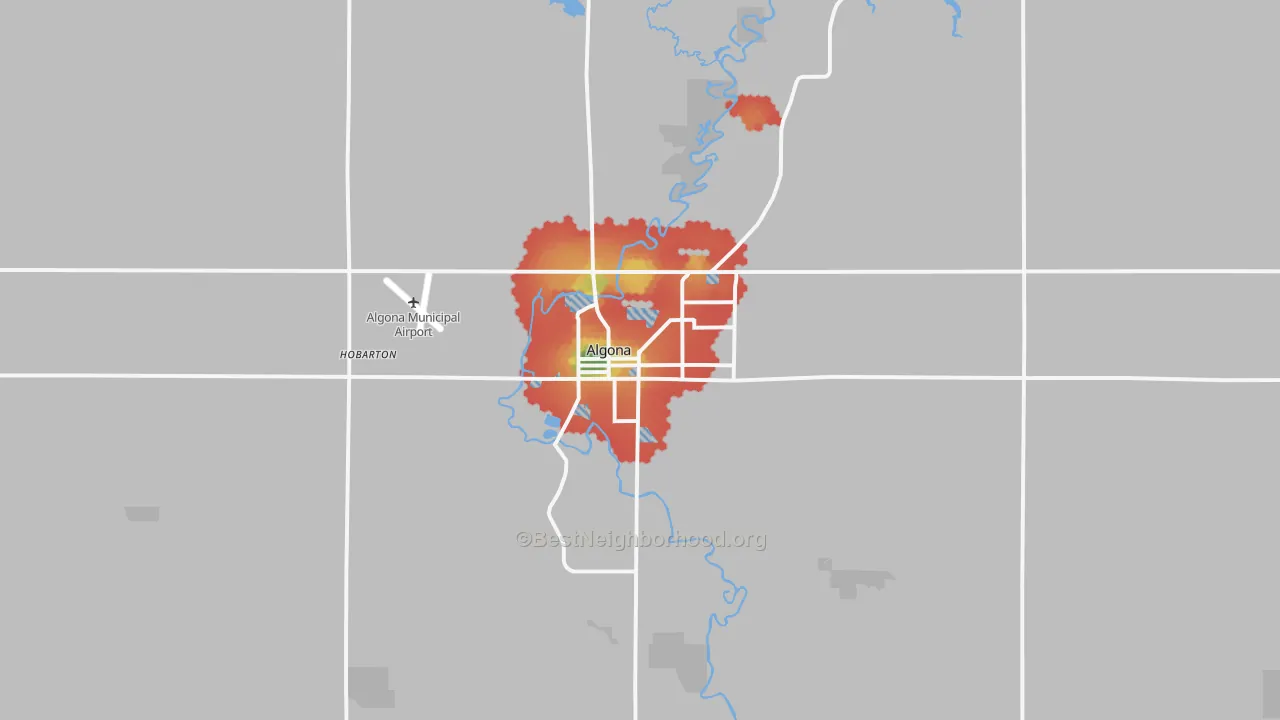 Walk Grade map of 50511, IA, walkable areas in green and car-dependent areas in red