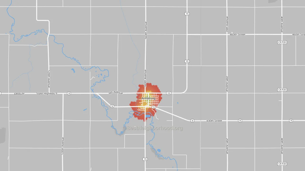 Walk Grade map of 50514, IA, walkable areas in green and car-dependent areas in red