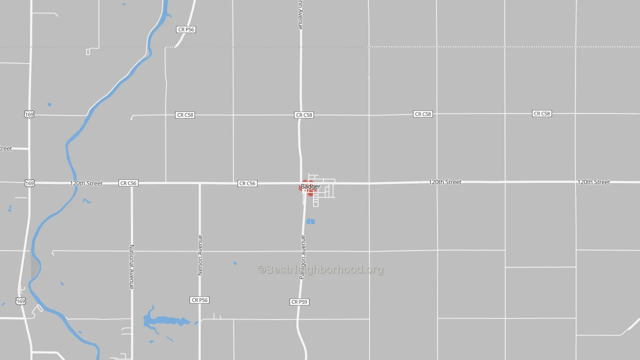 Walk Grade map of 50516, IA, walkable areas in green and car-dependent areas in red