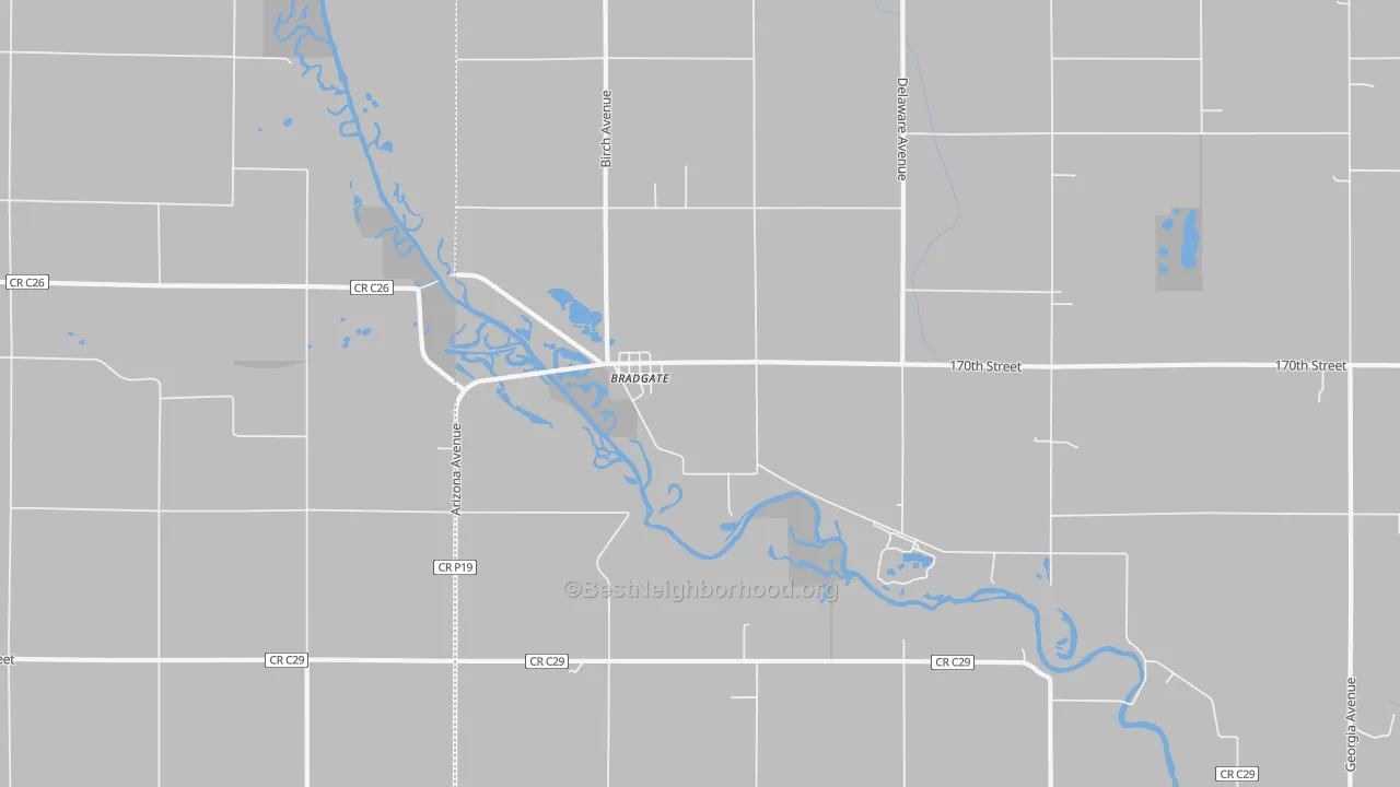 Walk Grade map of 50520, IA, walkable areas in green and car-dependent areas in red