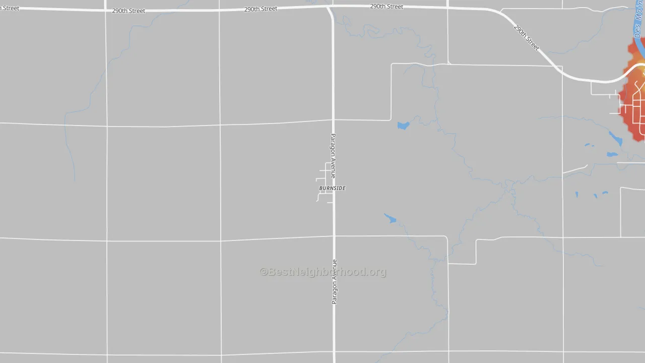 Walk Grade map of 50521, IA, walkable areas in green and car-dependent areas in red