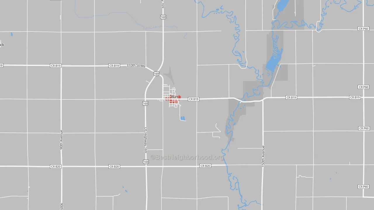 Walk Grade map of 50522, IA, walkable areas in green and car-dependent areas in red