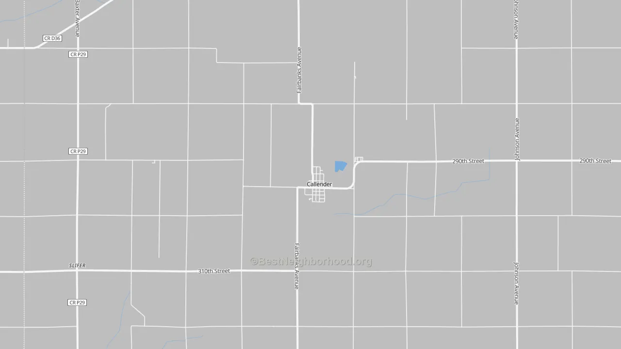 Walk Grade map of 50523, IA, walkable areas in green and car-dependent areas in red