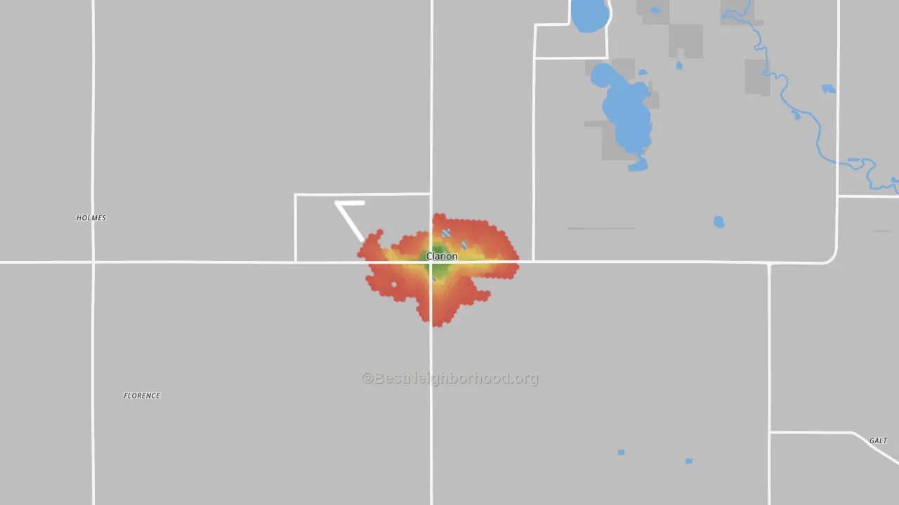 Walk Grade map of 50525, IA, walkable areas in green and car-dependent areas in red