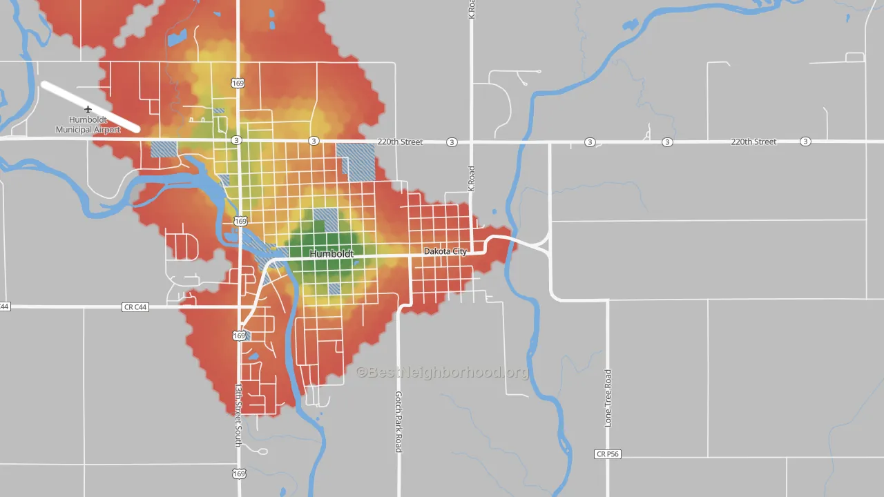 Walk Grade map of 50529, IA, walkable areas in green and car-dependent areas in red