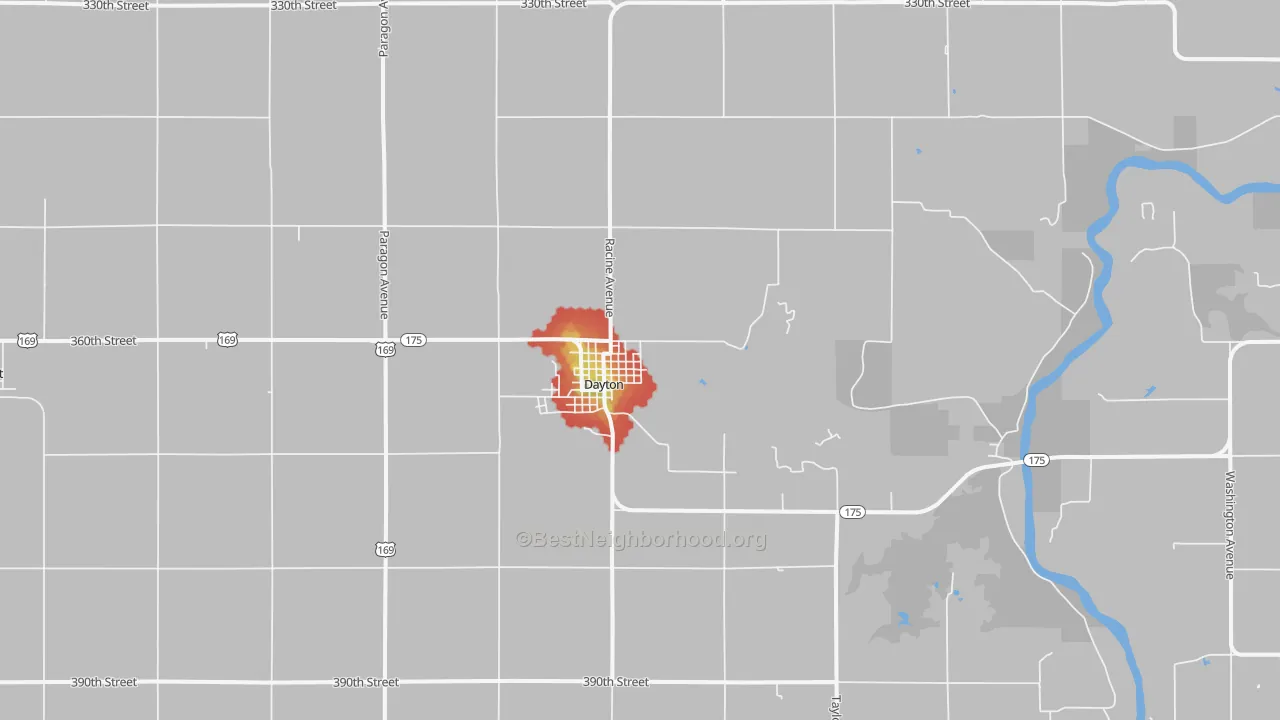 Walk Grade map of 50530, IA, walkable areas in green and car-dependent areas in red