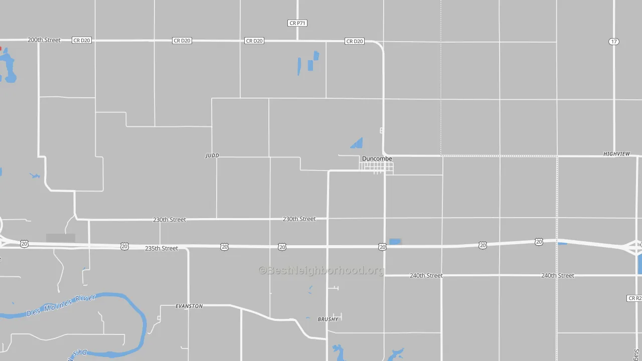 Walk Grade map of 50532, IA, walkable areas in green and car-dependent areas in red