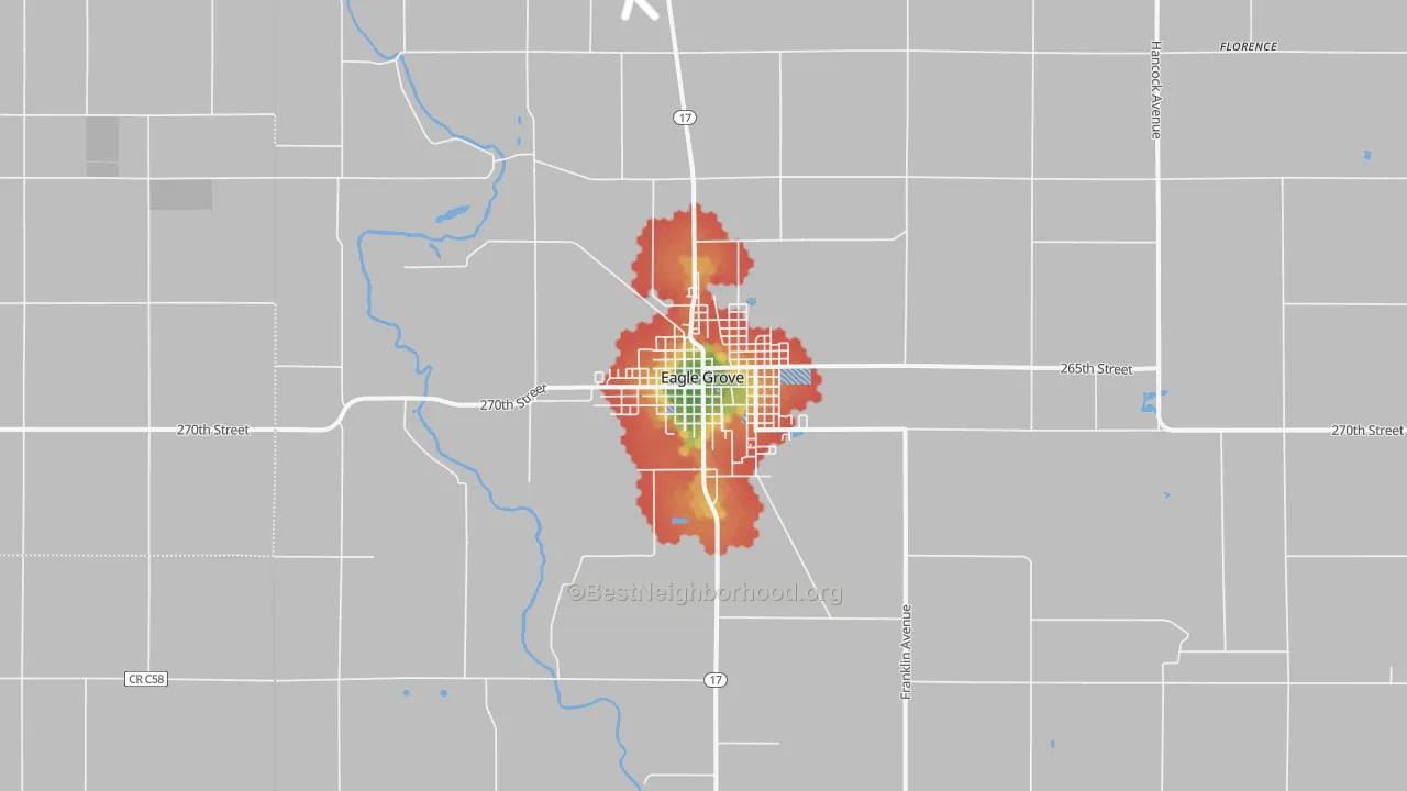 Walk Grade map of 50533, IA, walkable areas in green and car-dependent areas in red