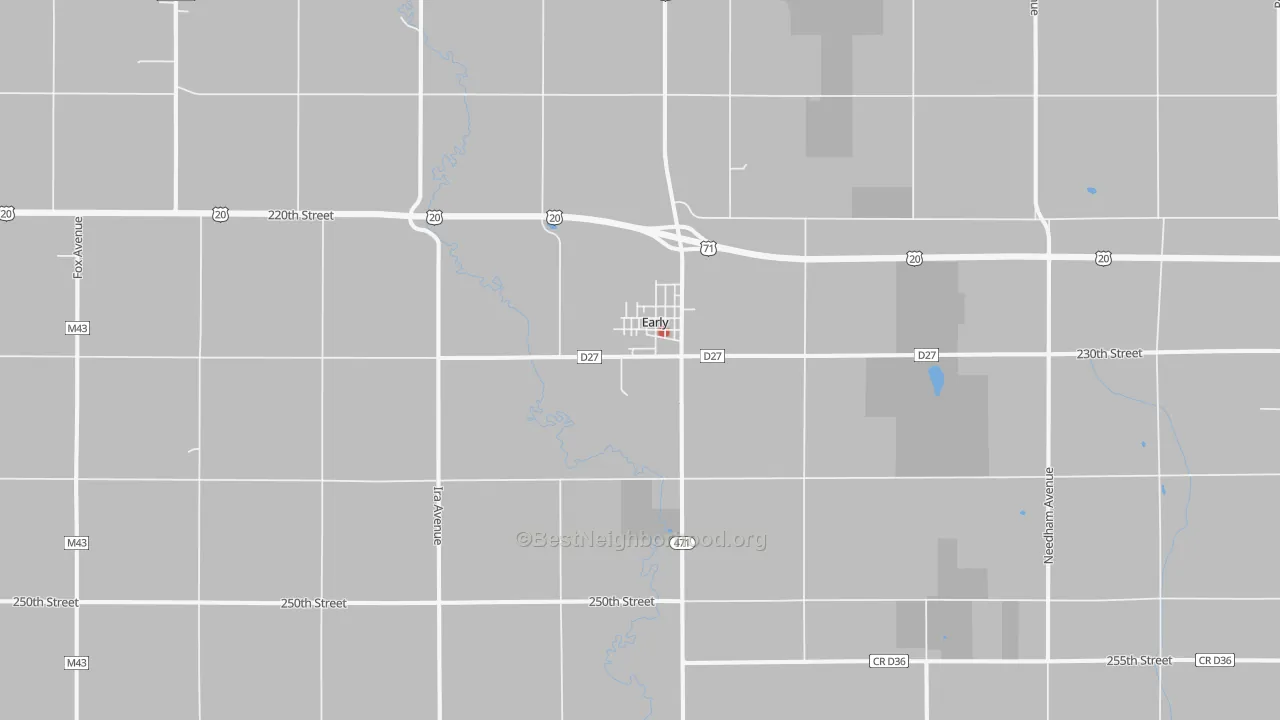 Walk Grade map of 50535, IA, walkable areas in green and car-dependent areas in red