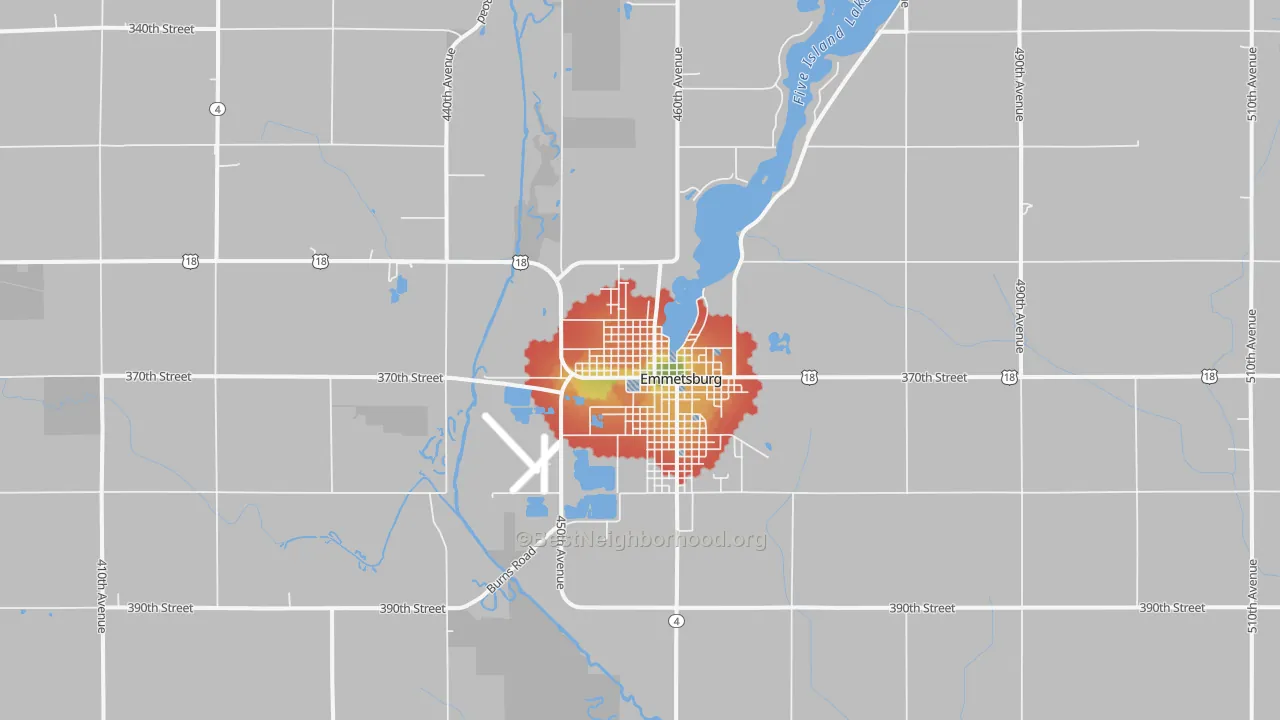 Walk Grade map of 50536, IA, walkable areas in green and car-dependent areas in red