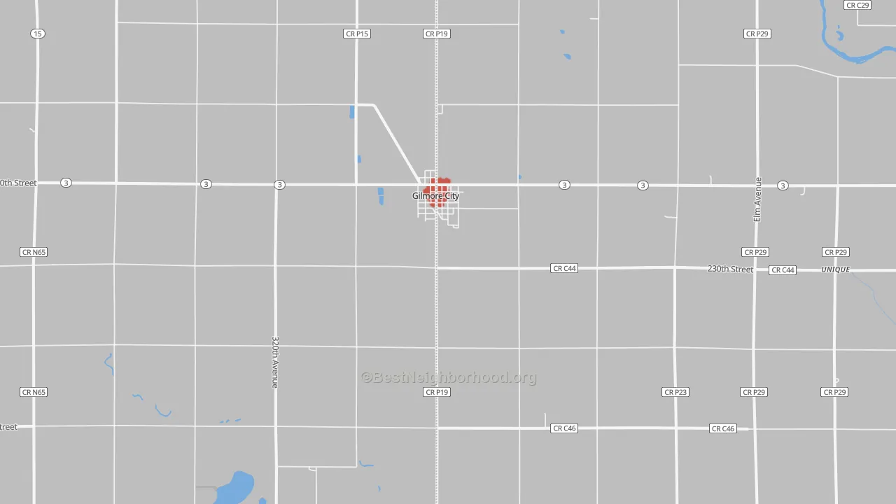 Walk Grade map of 50541, IA, walkable areas in green and car-dependent areas in red