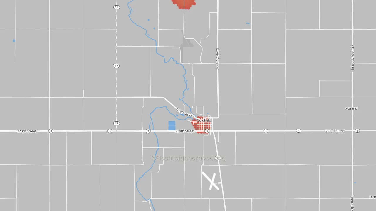 Walk Grade map of 50542, IA, walkable areas in green and car-dependent areas in red