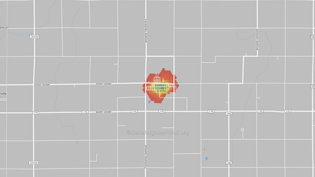 Walk Grade map of 50543, IA, walkable areas in green and car-dependent areas in red