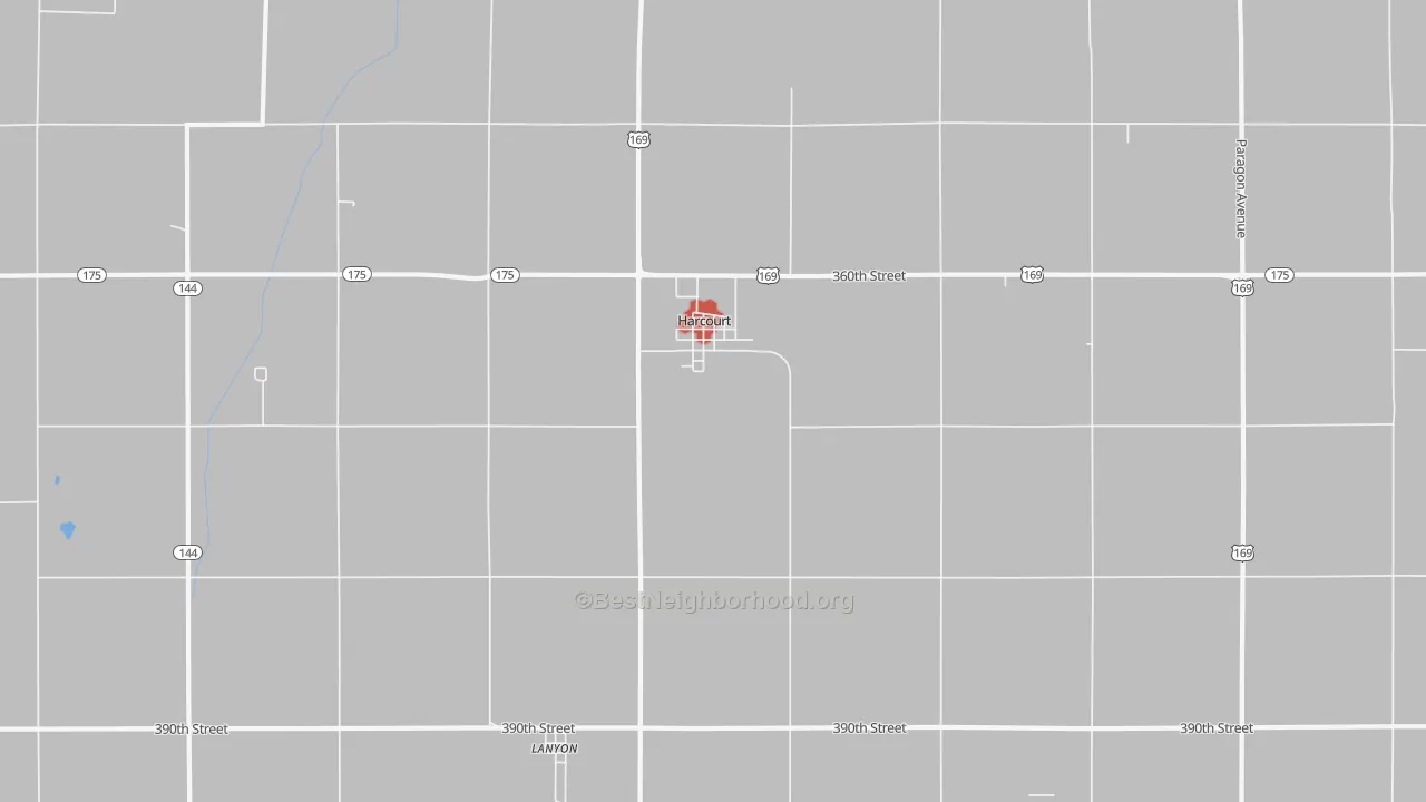 Walk Grade map of 50544, IA, walkable areas in green and car-dependent areas in red