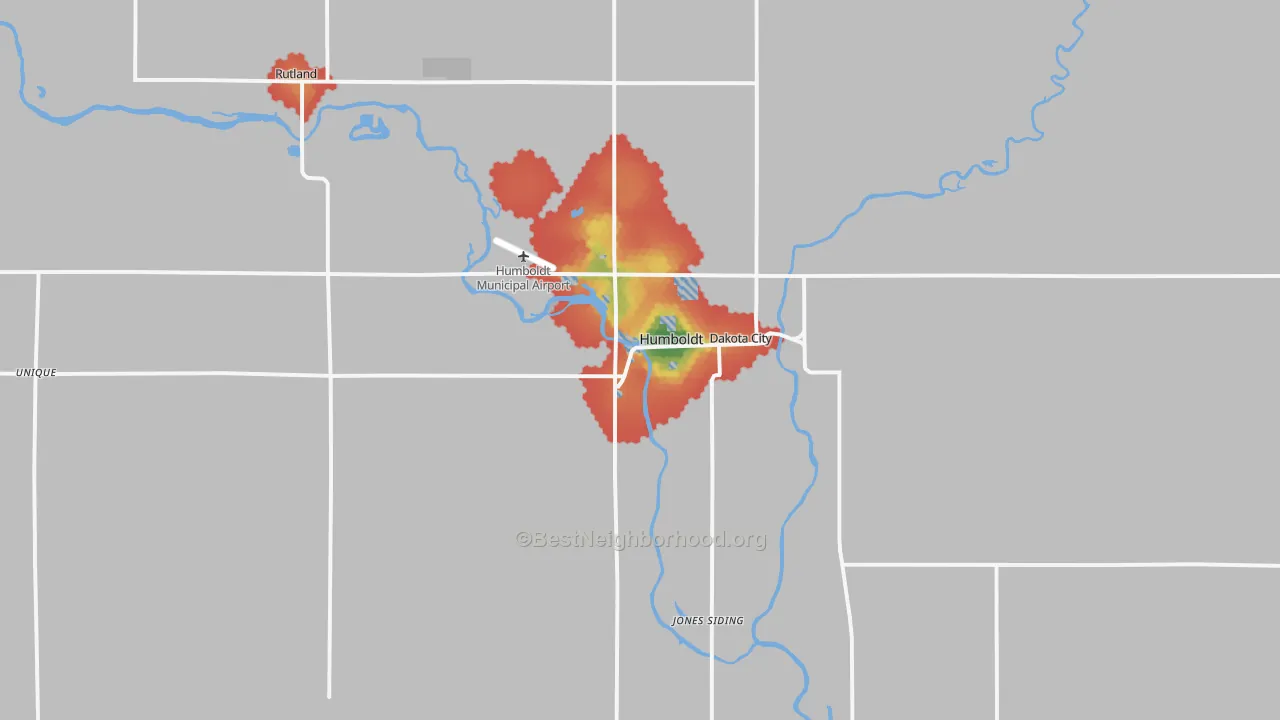 Walk Grade map of 50548, IA, walkable areas in green and car-dependent areas in red