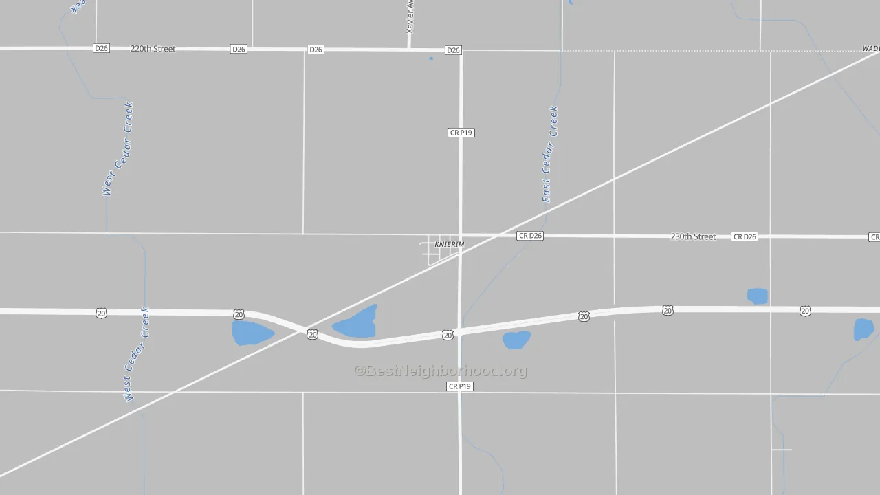 Walk Grade map of 50552, IA, walkable areas in green and car-dependent areas in red
