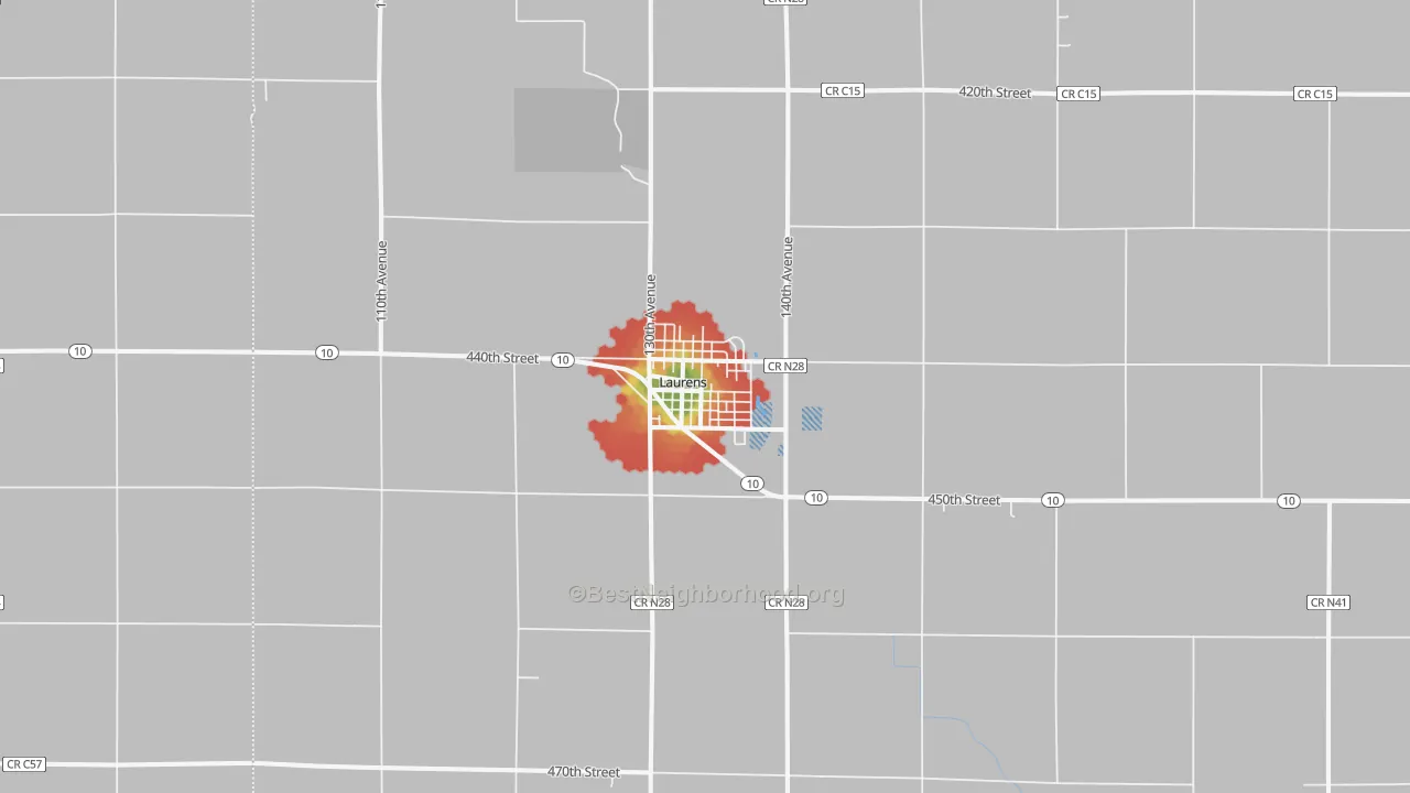 Walk Grade map of 50554, IA, walkable areas in green and car-dependent areas in red