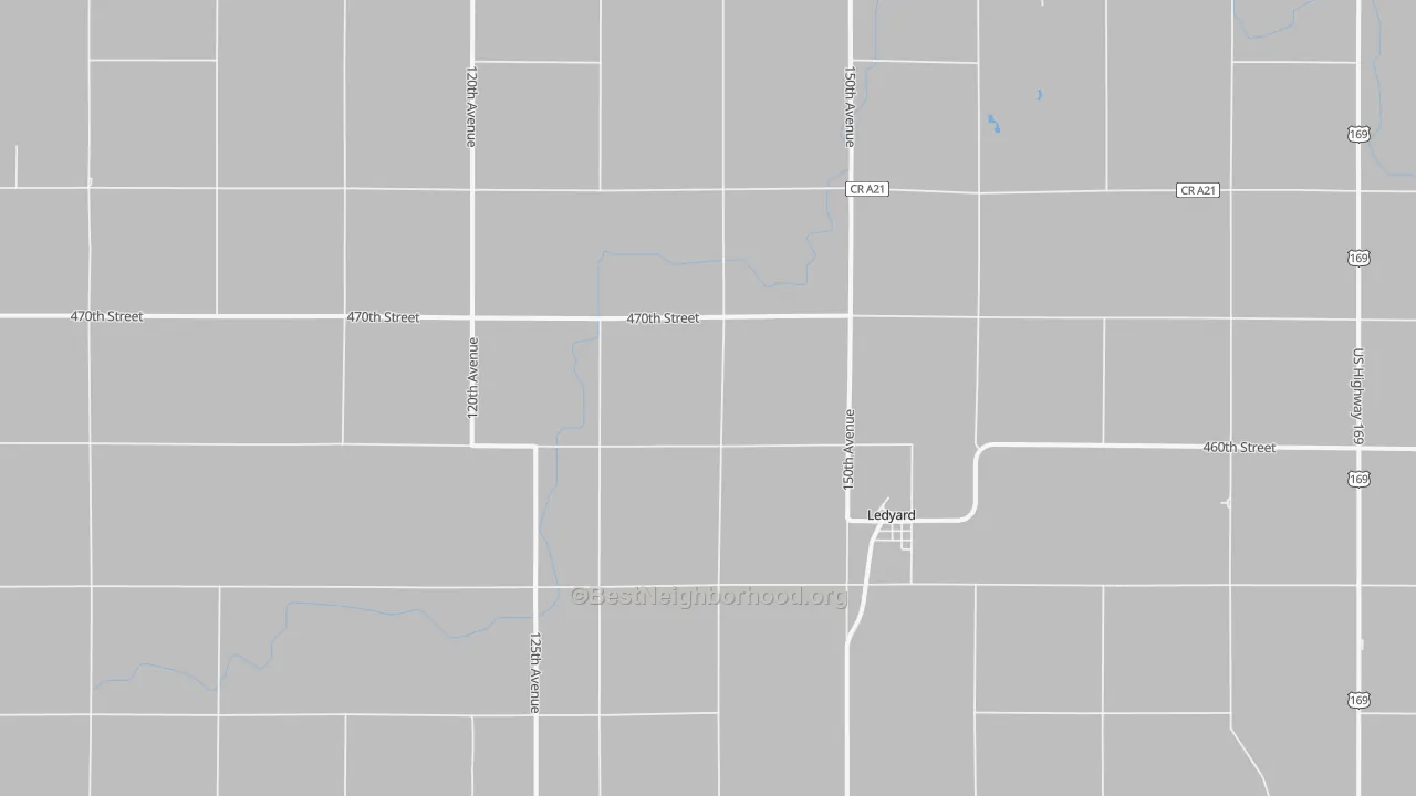 Walk Grade map of 50556, IA, walkable areas in green and car-dependent areas in red