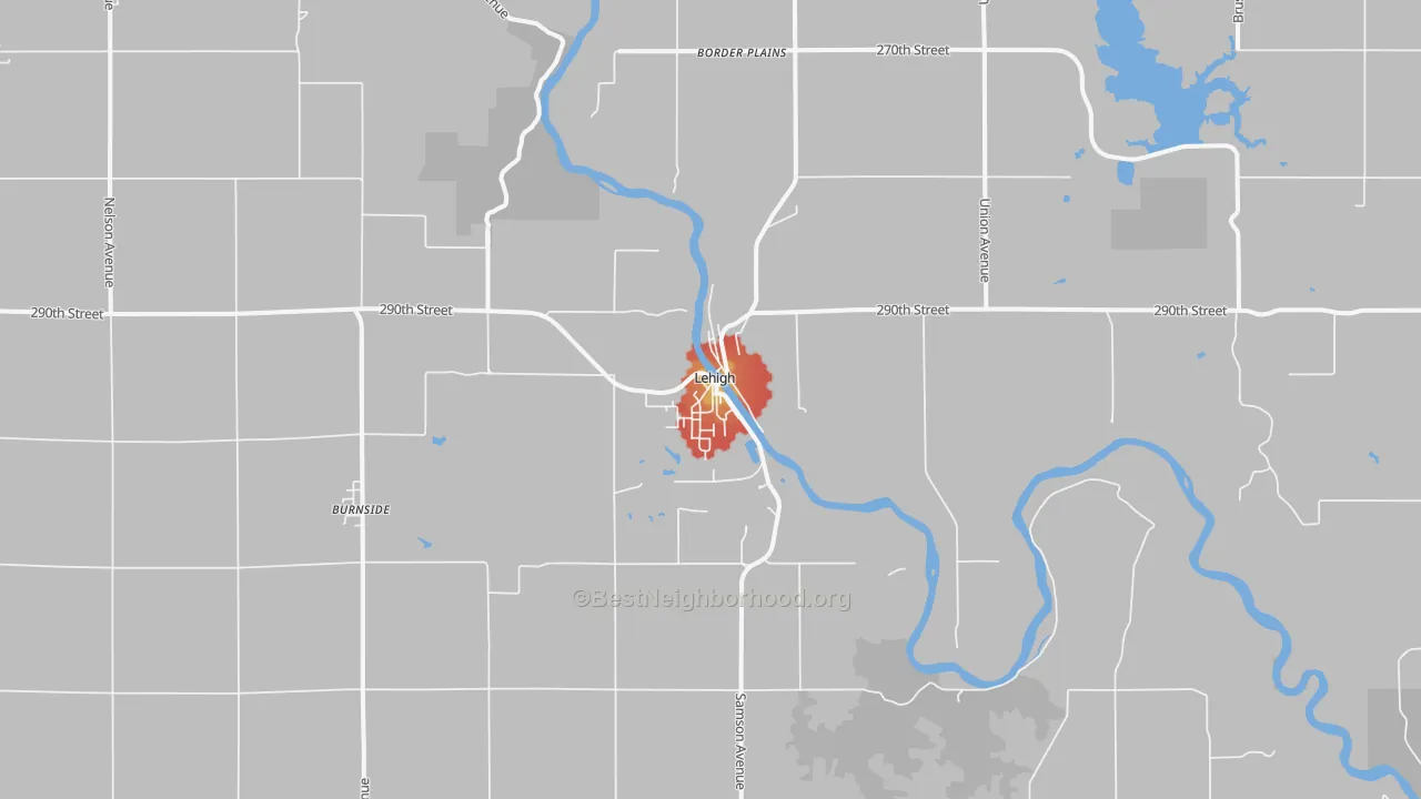 Walk Grade map of 50557, IA, walkable areas in green and car-dependent areas in red