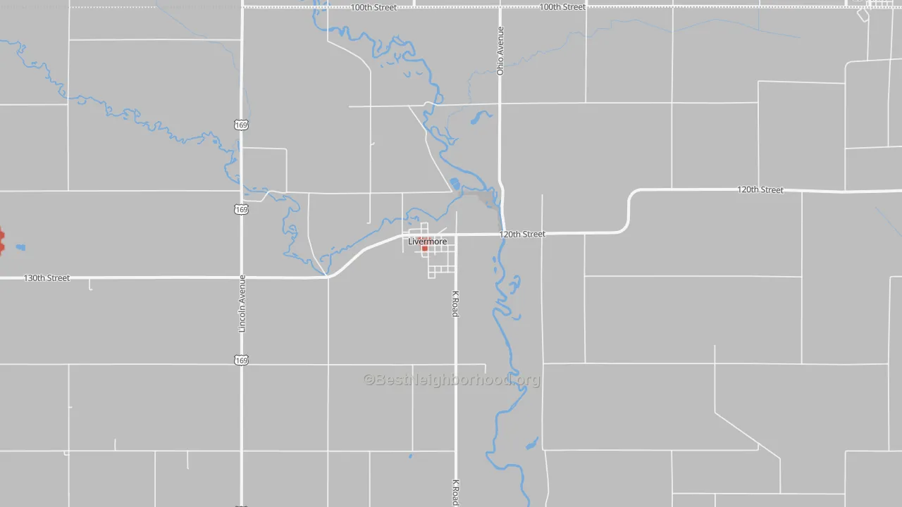 Walk Grade map of 50558, IA, walkable areas in green and car-dependent areas in red