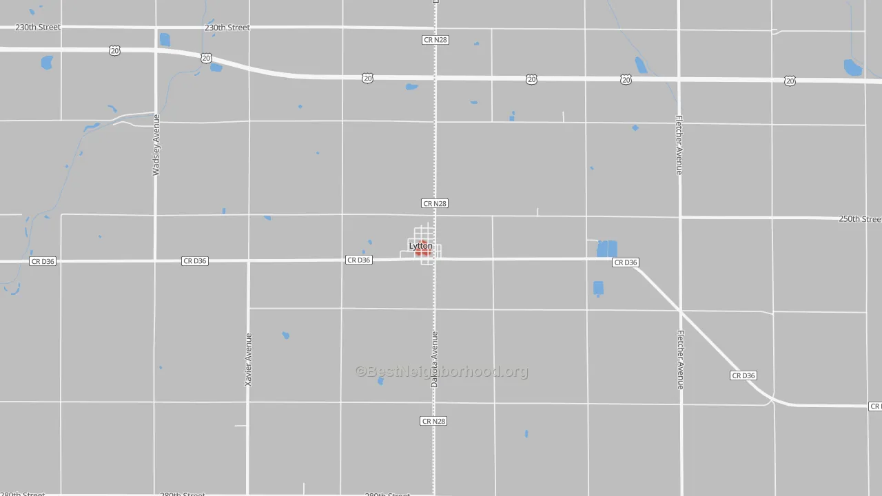 Walk Grade map of 50561, IA, walkable areas in green and car-dependent areas in red
