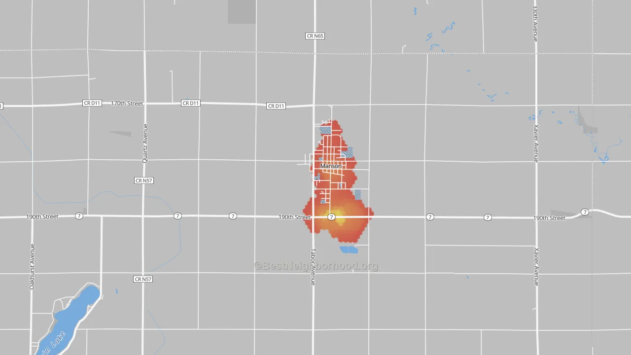 Walk Grade map of 50563, IA, walkable areas in green and car-dependent areas in red