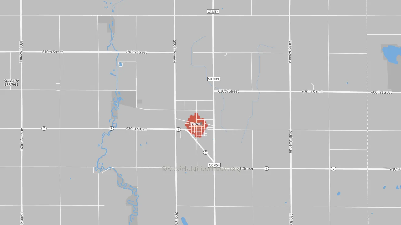 Walk Grade map of 50568, IA, walkable areas in green and car-dependent areas in red