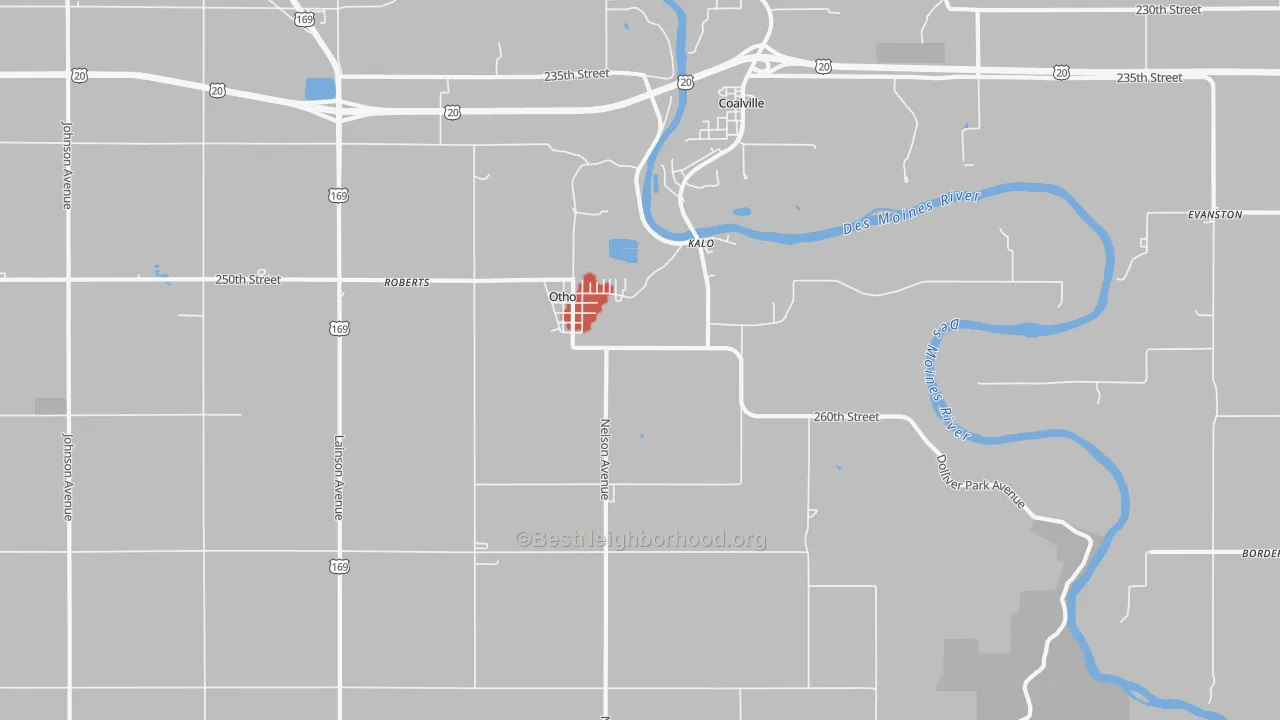Walk Grade map of 50569, IA, walkable areas in green and car-dependent areas in red