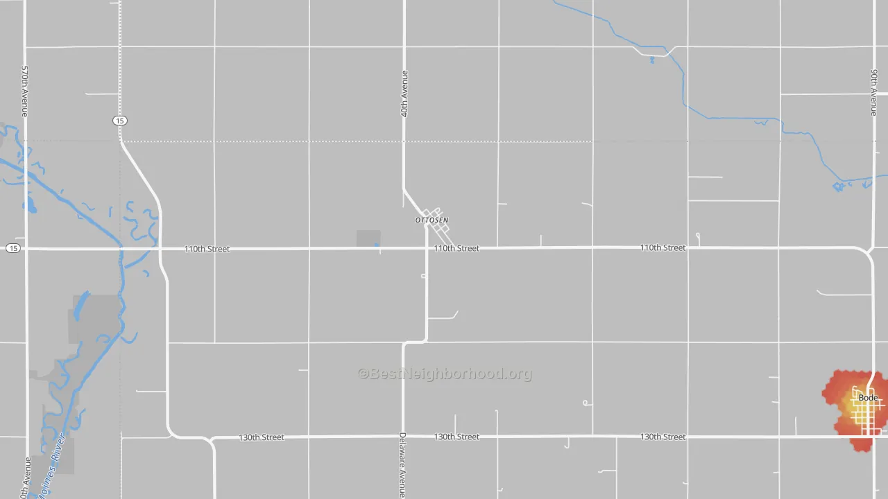 Walk Grade map of 50570, IA, walkable areas in green and car-dependent areas in red