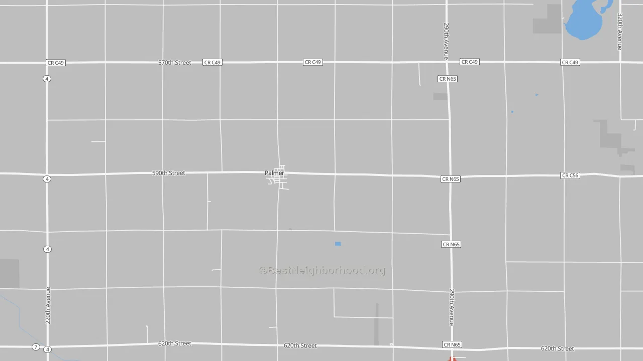 Walk Grade map of 50571, IA, walkable areas in green and car-dependent areas in red