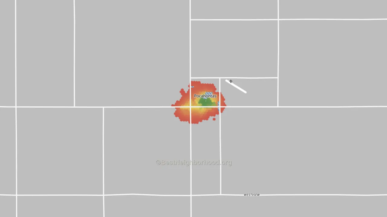 Walk Grade map of 50574, IA, walkable areas in green and car-dependent areas in red