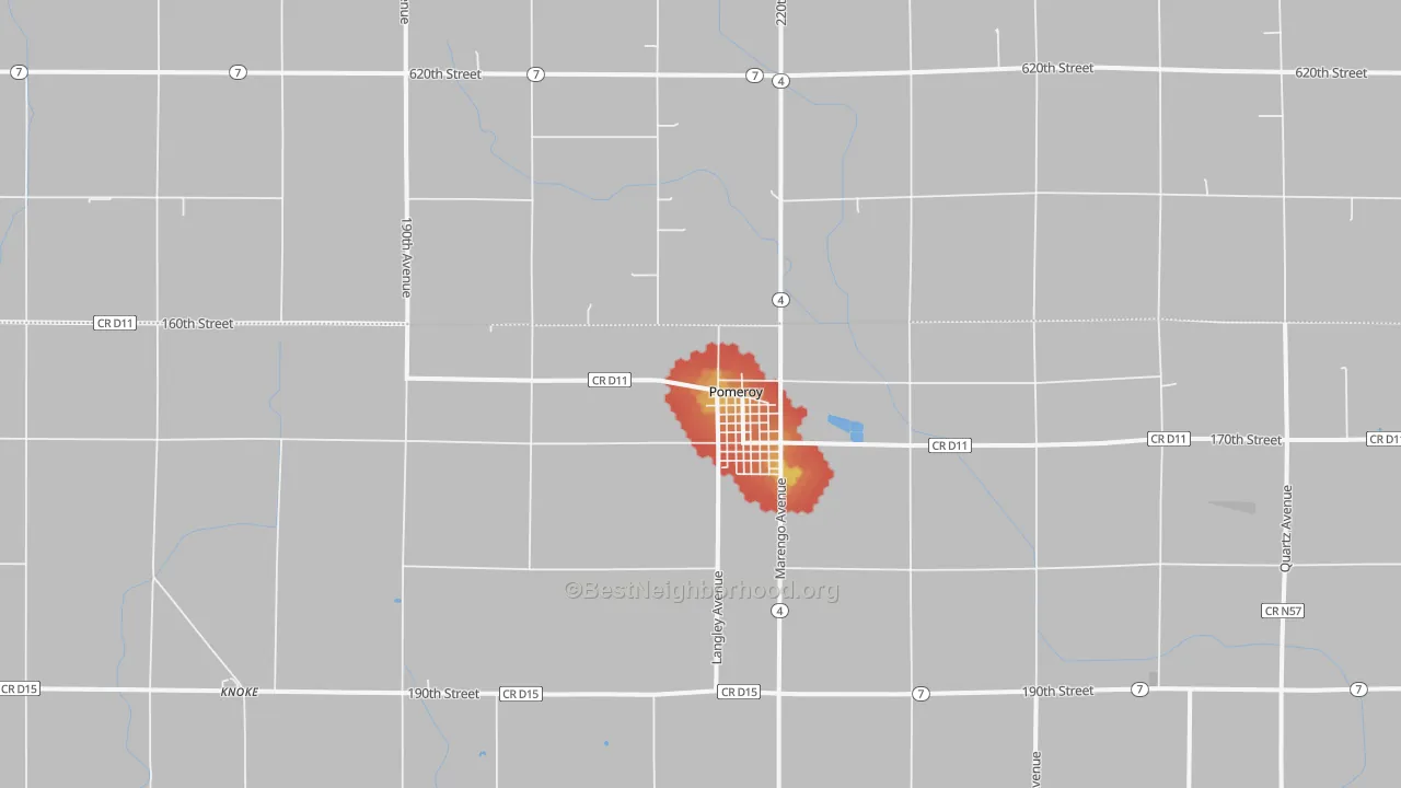 Walk Grade map of 50575, IA, walkable areas in green and car-dependent areas in red