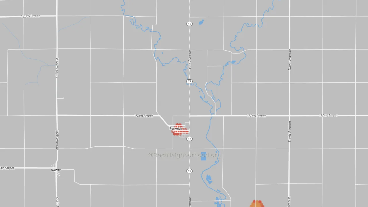 Walk Grade map of 50577, IA, walkable areas in green and car-dependent areas in red