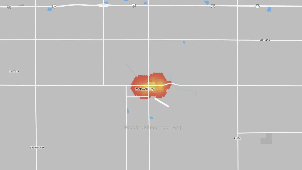 Walk Grade map of 50579, IA, walkable areas in green and car-dependent areas in red