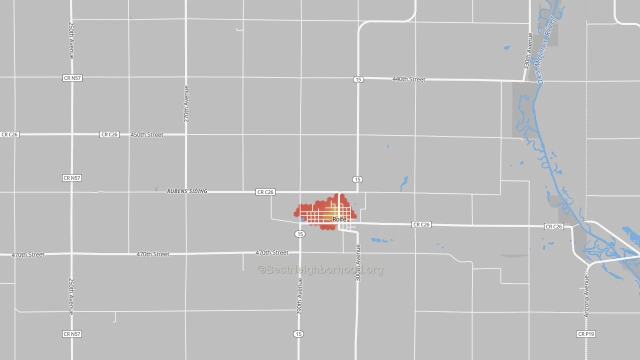Walk Grade map of 50581, IA, walkable areas in green and car-dependent areas in red