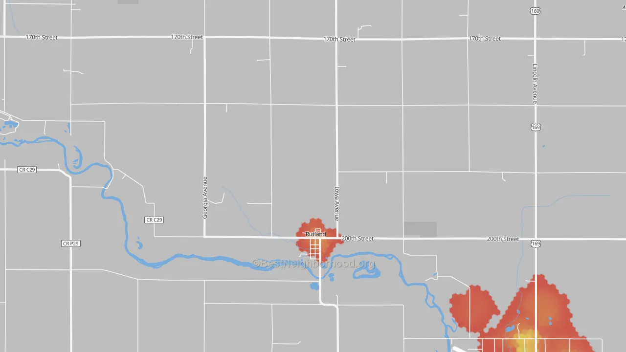 Walk Grade map of 50582, IA, walkable areas in green and car-dependent areas in red