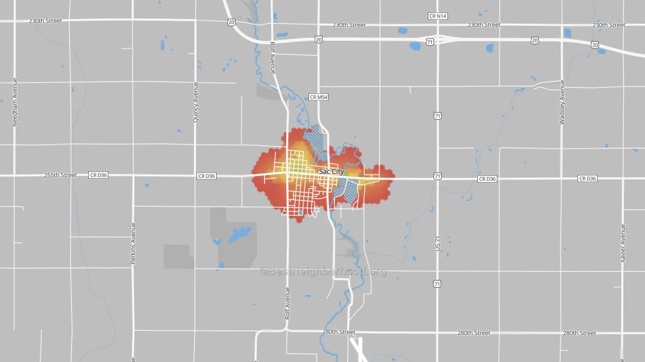 Walk Grade map of 50583, IA, walkable areas in green and car-dependent areas in red