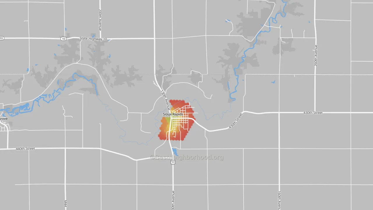 Walk Grade map of 50585, IA, walkable areas in green and car-dependent areas in red