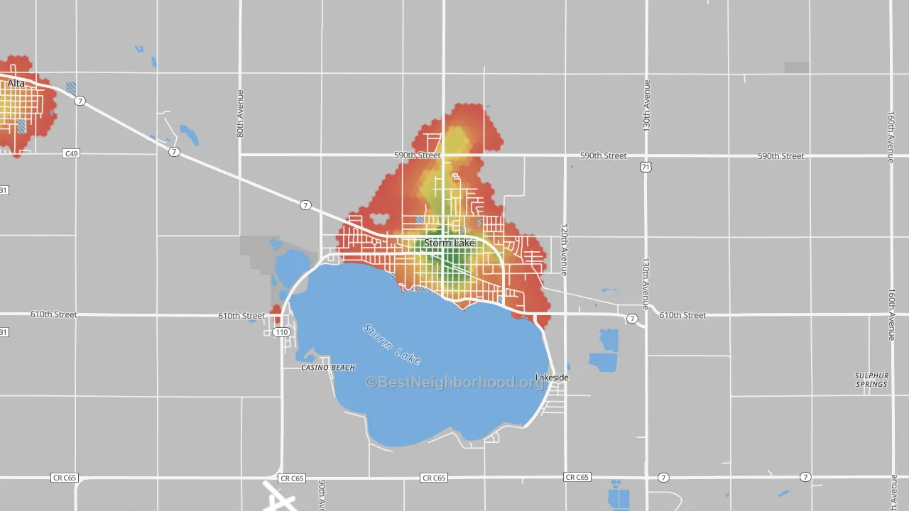 Walk Grade map of 50588, IA, walkable areas in green and car-dependent areas in red