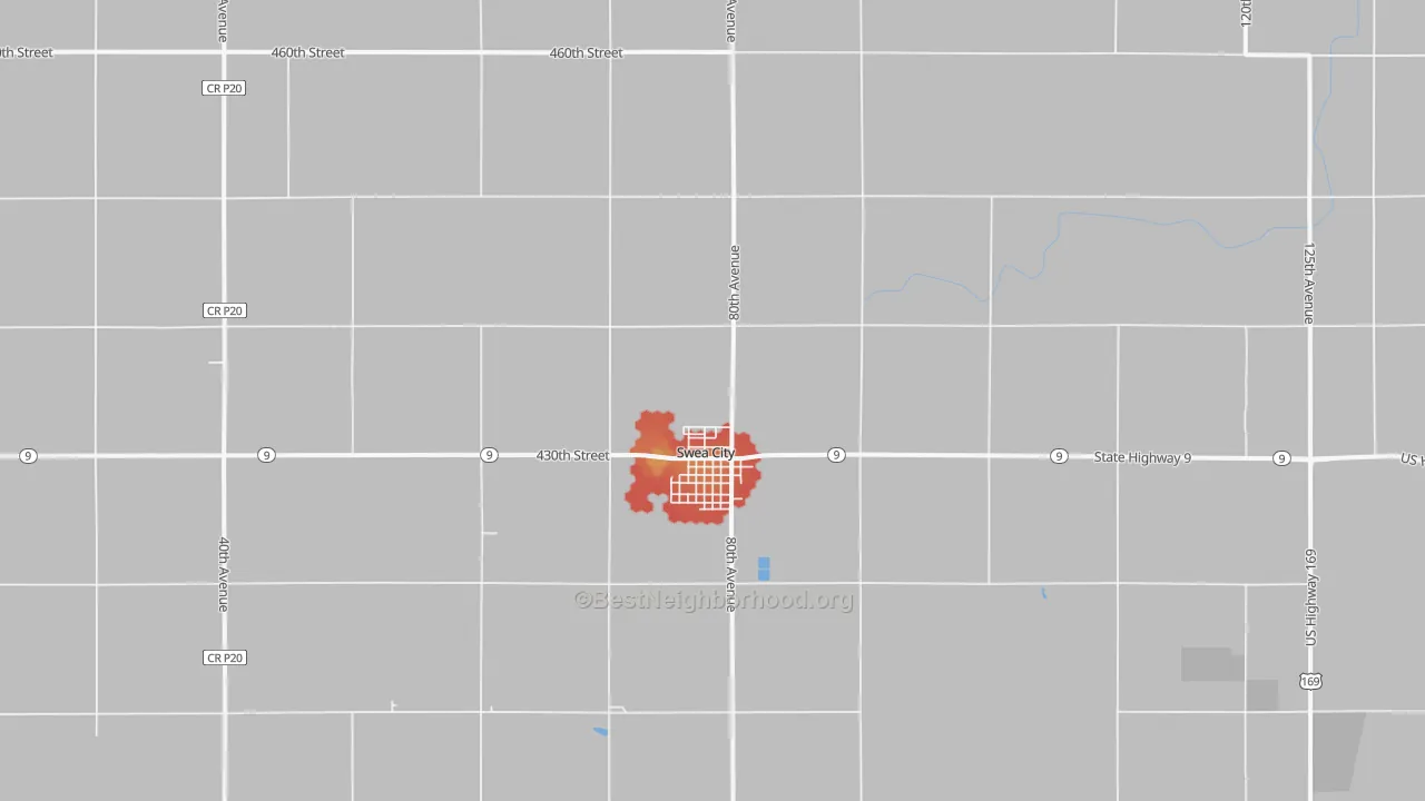 Walk Grade map of 50590, IA, walkable areas in green and car-dependent areas in red