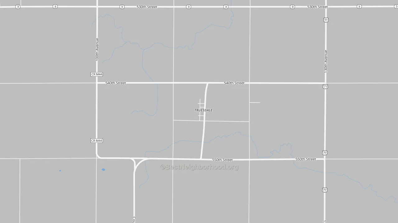 Walk Grade map of 50592, IA, walkable areas in green and car-dependent areas in red