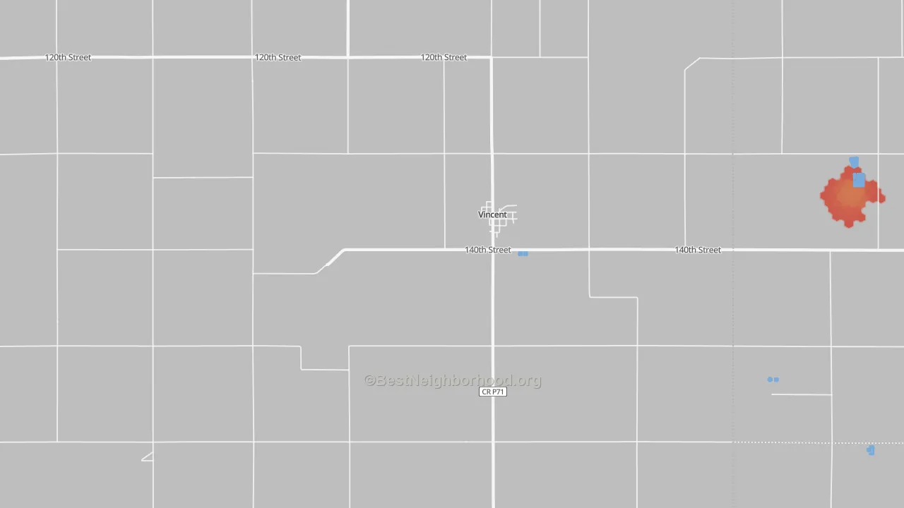 Walk Grade map of 50594, IA, walkable areas in green and car-dependent areas in red