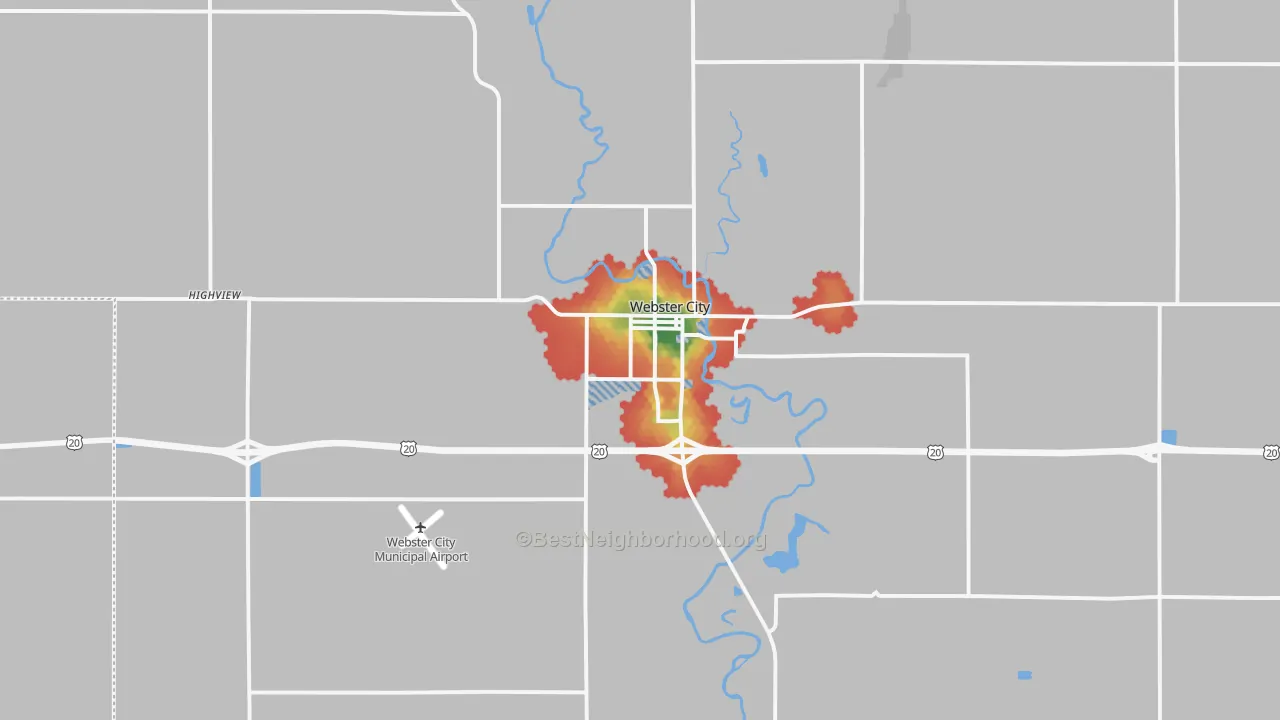 Walk Grade map of 50595, IA, walkable areas in green and car-dependent areas in red