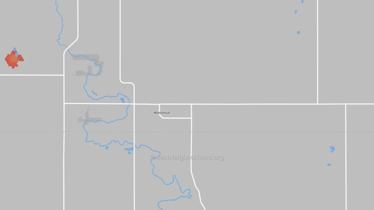 Walk Grade map of 50599, IA, walkable areas in green and car-dependent areas in red