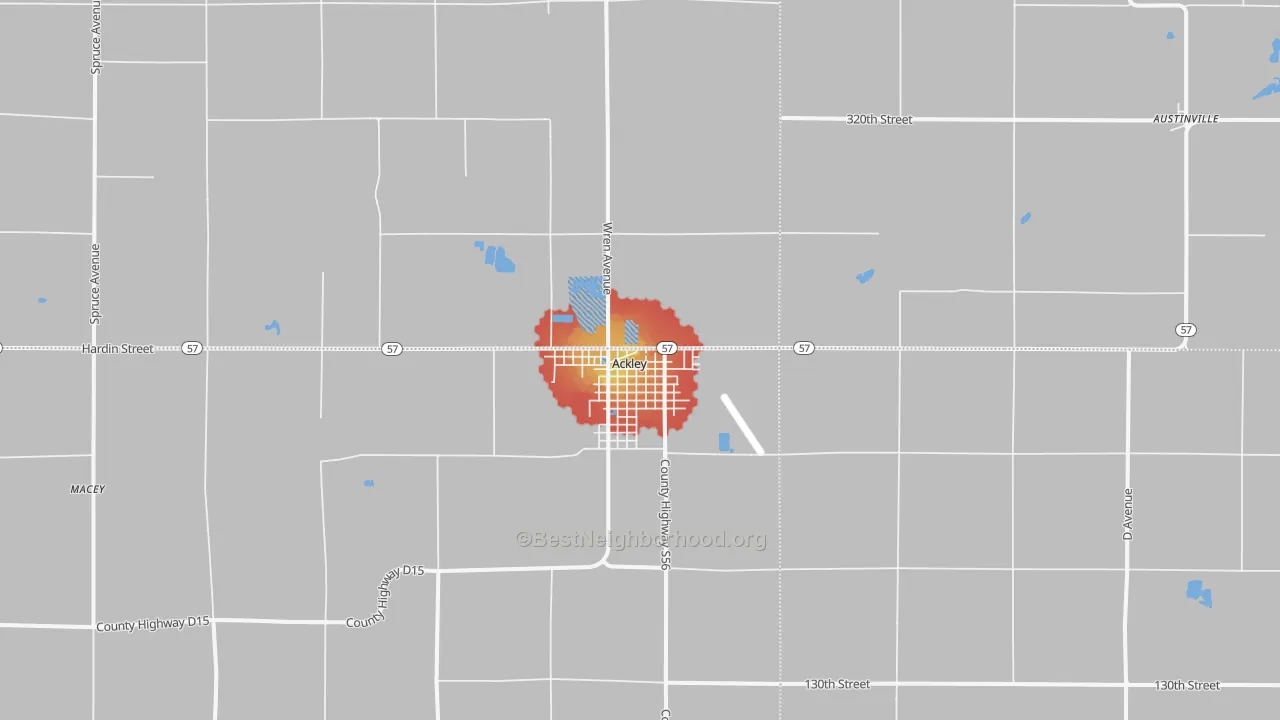 Walk Grade map of 50601, IA, walkable areas in green and car-dependent areas in red