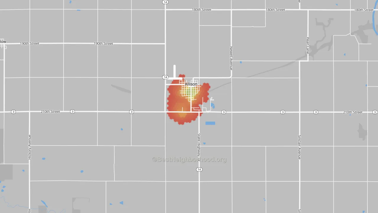 Walk Grade map of 50602, IA, walkable areas in green and car-dependent areas in red