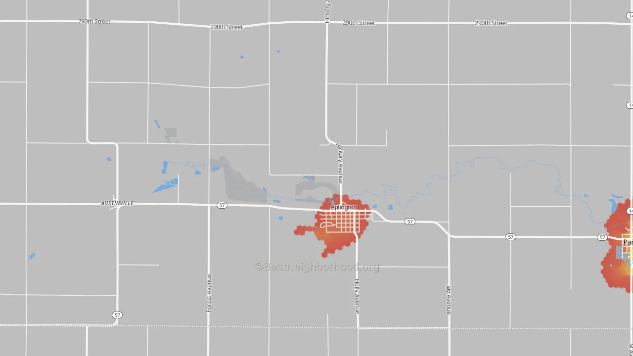 Walk Grade map of 50604, IA, walkable areas in green and car-dependent areas in red