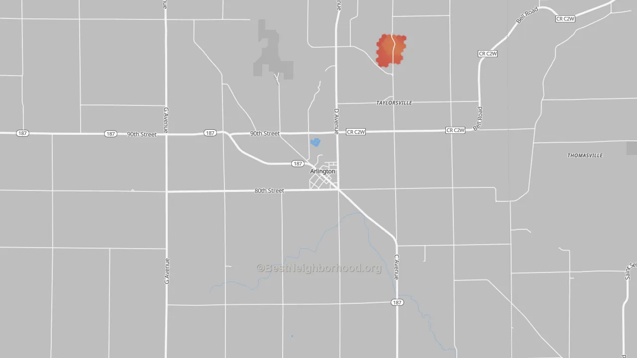 Walk Grade map of 50606, IA, walkable areas in green and car-dependent areas in red