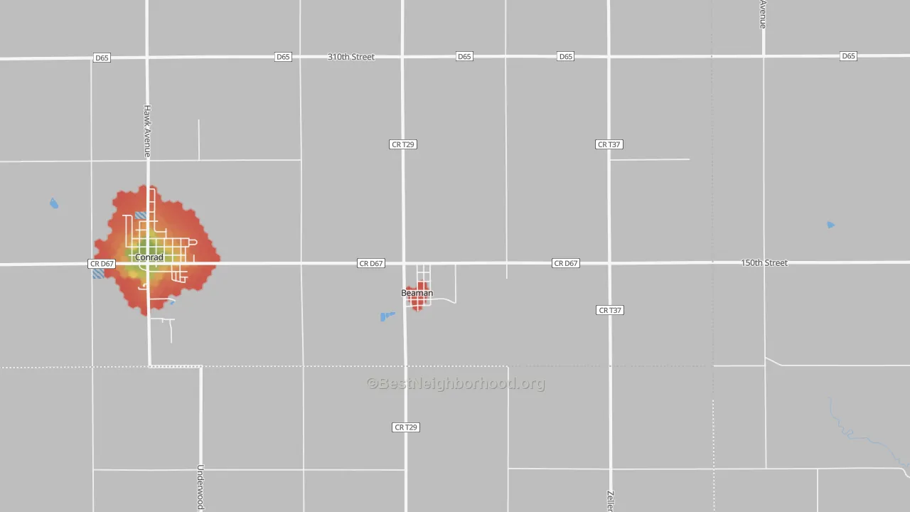 Walk Grade map of 50609, IA, walkable areas in green and car-dependent areas in red